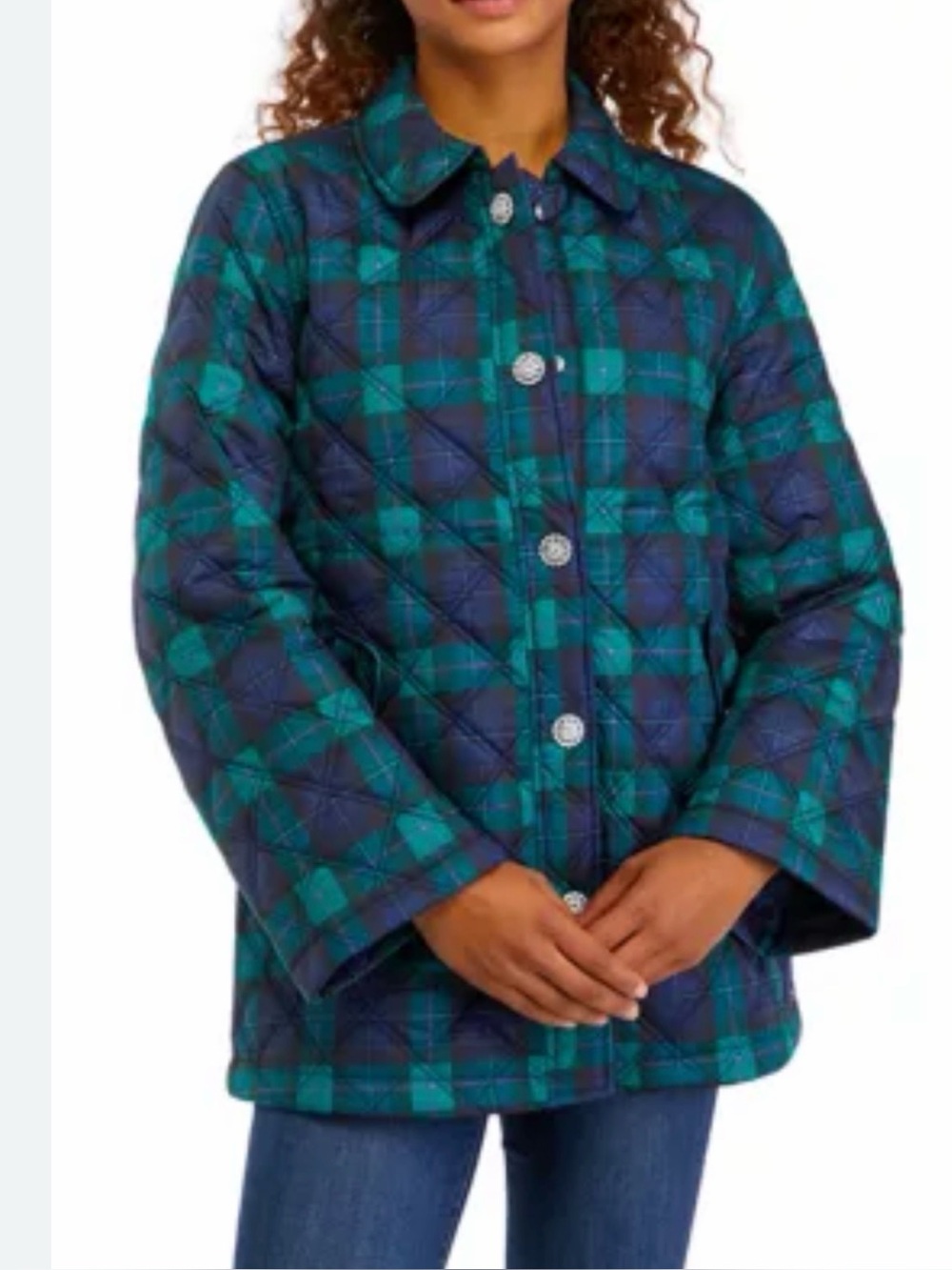 crown & ivy Quilted Plaid Puffer Jacket - Blue & Green